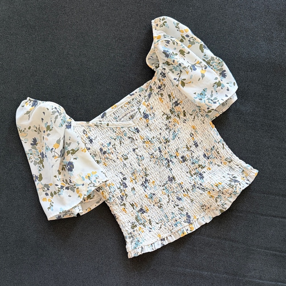 Abercrombie & Fitch White Floral Smocked Top with Blue & Yellow Accents
